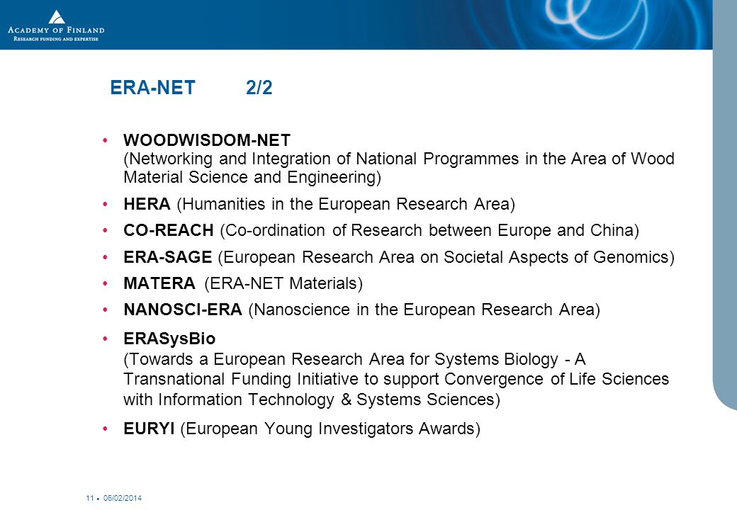 06/02/ ERA-NET 2/2 WOODWISDOM-NET (Networking and Integration of National Programmes in the Area of Wood Material Science and Engineering) HERA (Humanities in the European Research Area) CO-REACH (Co-ordination of Research between Europe and China) ERA-SAGE (European Research Area on Societal Aspects of Genomics) MATERA (ERA-NET Materials) NANOSCI-ERA (Nanoscience in the European Research Area) ERASysBio (Towards a European Research Area for Systems Biology - A Transnational Funding Initiative to support Convergence of Life Sciences with Information Technology & Systems Sciences) EURYI (European Young Investigators Awards)