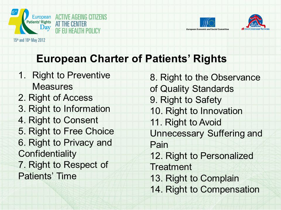 European Charter of Patients Rights 1.Right to Preventive Measures 2.