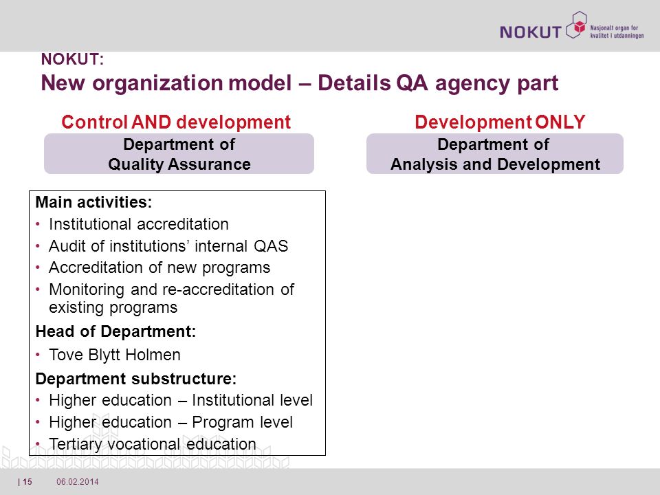 | 15 Department of Quality Assurance Department of Analysis and Development NOKUT: New organization model – Details QA agency part Control AND developmentDevelopment ONLY Main activities: Institutional accreditation Audit of institutions internal QAS Accreditation of new programs Monitoring and re-accreditation of existing programs Head of Department: Tove Blytt Holmen Department substructure: Higher education – Institutional level Higher education – Program level Tertiary vocational education