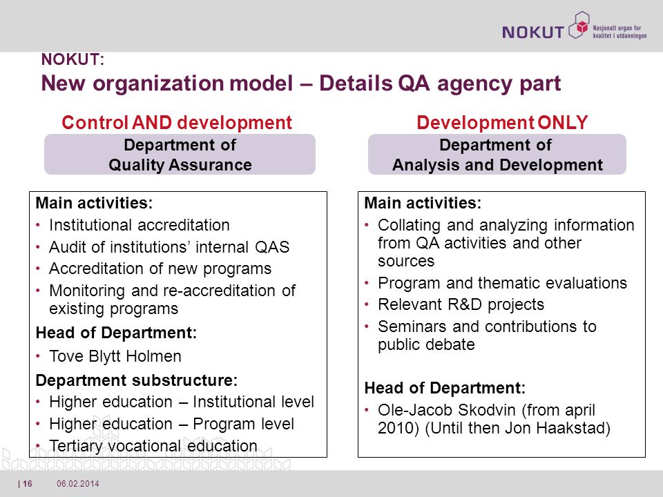 | 16 Department of Quality Assurance Department of Analysis and Development NOKUT: New organization model – Details QA agency part Main activities: Collating and analyzing information from QA activities and other sources Program and thematic evaluations Relevant R&D projects Seminars and contributions to public debate Head of Department: Ole-Jacob Skodvin (from april 2010) (Until then Jon Haakstad) Control AND developmentDevelopment ONLY Main activities: Institutional accreditation Audit of institutions internal QAS Accreditation of new programs Monitoring and re-accreditation of existing programs Head of Department: Tove Blytt Holmen Department substructure: Higher education – Institutional level Higher education – Program level Tertiary vocational education