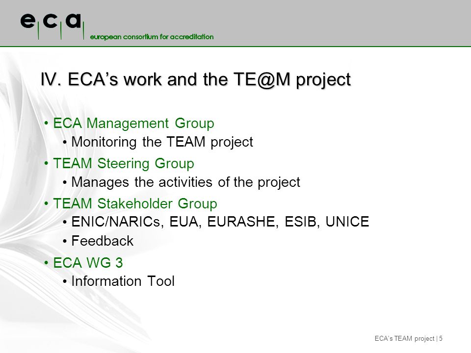 ECA s TEAM project | 5 IV.ECAs work and the project ECA Management Group Monitoring the TEAM project TEAM Steering Group Manages the activities of the project TEAM Stakeholder Group ENIC/NARICs, EUA, EURASHE, ESIB, UNICE Feedback ECA WG 3 Information Tool