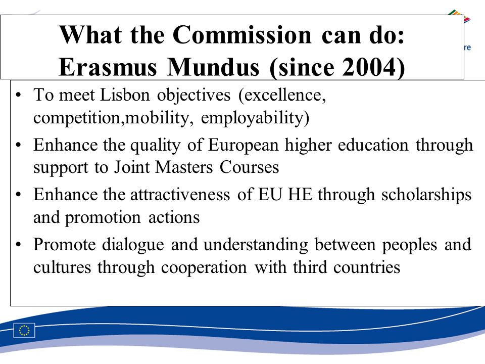 What the Commission can do: Erasmus Mundus (since 2004) To meet Lisbon objectives (excellence, competition,mobility, employability) Enhance the quality of European higher education through support to Joint Masters Courses Enhance the attractiveness of EU HE through scholarships and promotion actions Promote dialogue and understanding between peoples and cultures through cooperation with third countries