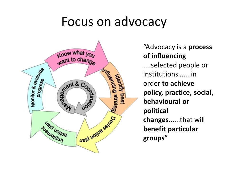 Focus on advocacy Advocacy is a process of influencing....selected people or institutions......in order to achieve policy, practice, social, behavioural or political changes......that will benefit particular groups