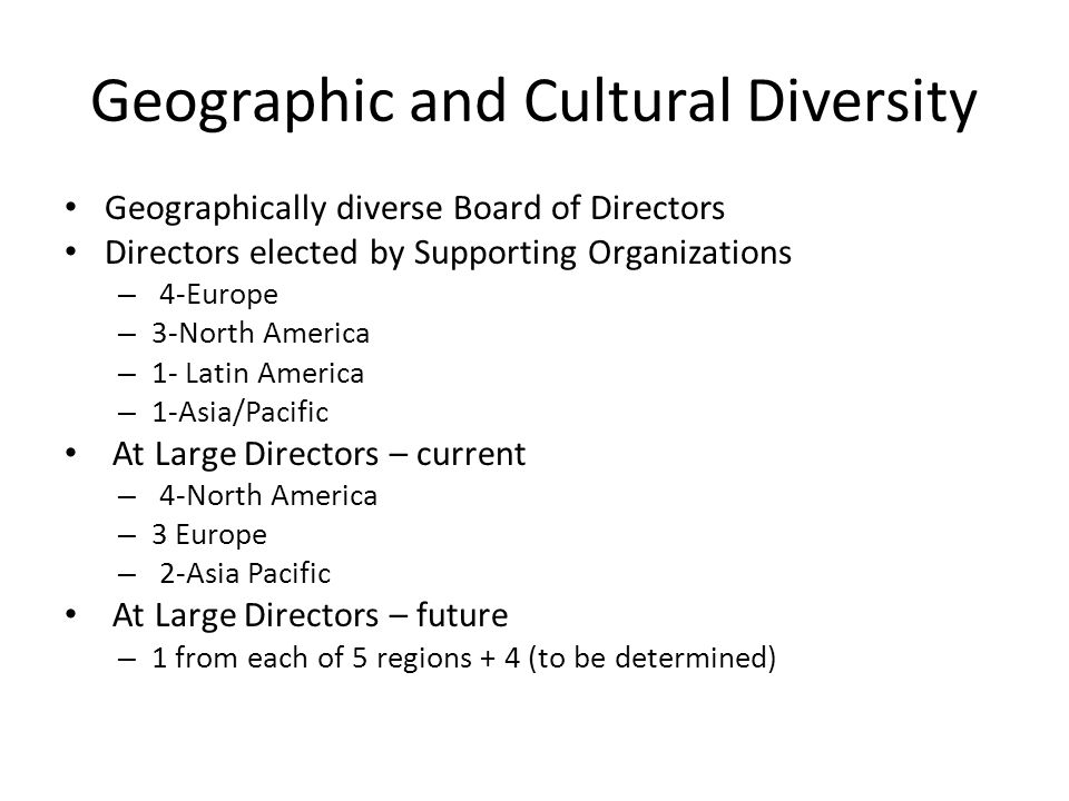 Geographic and Cultural Diversity Geographically diverse Board of Directors Directors elected by Supporting Organizations – 4-Europe – 3-North America – 1- Latin America – 1-Asia/Pacific At Large Directors – current – 4-North America – 3 Europe – 2-Asia Pacific At Large Directors – future – 1 from each of 5 regions + 4 (to be determined)