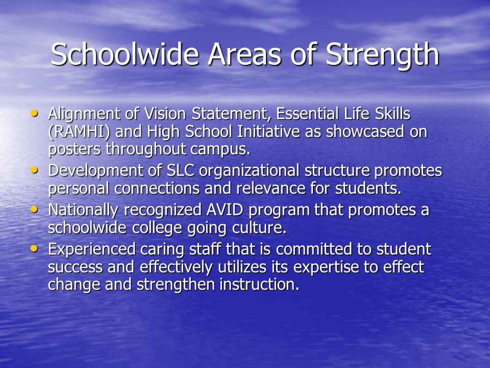 Schoolwide Areas of Strength Alignment of Vision Statement, Essential Life Skills (RAMHI) and High School Initiative as showcased on posters throughout campus.