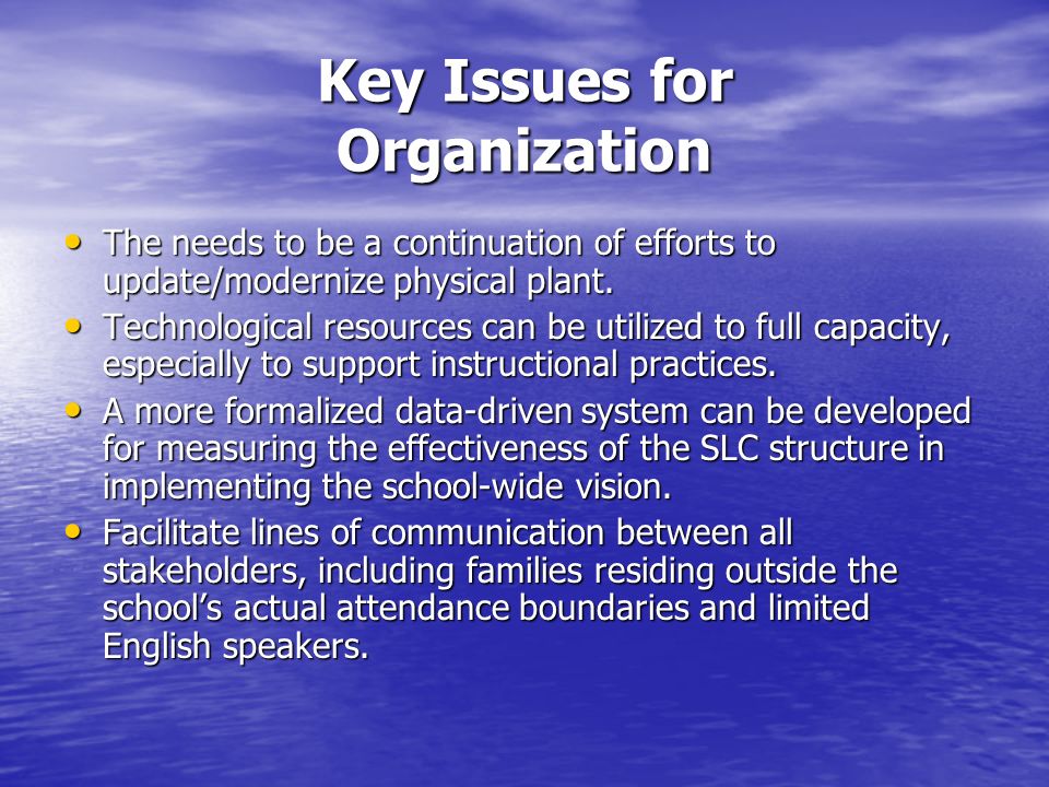 Key Issues for Organization The needs to be a continuation of efforts to update/modernize physical plant.