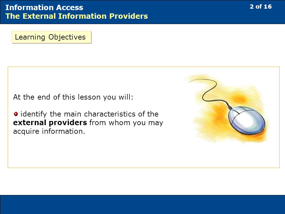 2 of 16 Information Access The External Information Providers Learning Objectives At the end of this lesson you will: identify the main characteristics of the external providers from whom you may acquire information.