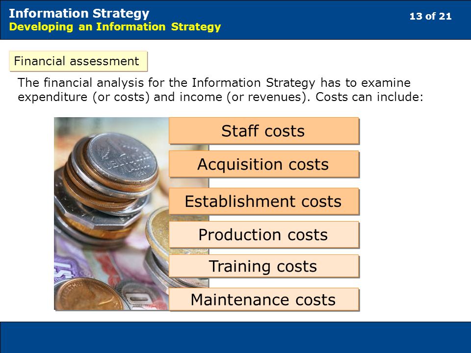 13 of 21 Information Strategy Developing an Information Strategy Financial assessment The financial analysis for the Information Strategy has to examine expenditure (or costs) and income (or revenues).