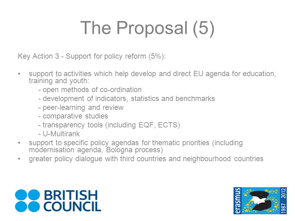 The Proposal (5) Key Action 3 - Support for policy reform (5%): support to activities which help develop and direct EU agenda for education, training and youth: - open methods of co-ordination - development of indicators, statistics and benchmarks - peer-learning and review - comparative studies - transparency tools (including EQF, ECTS) - U-Multirank support to specific policy agendas for thematic priorities (including modernisation agenda, Bologna process) greater policy dialogue with third countries and neighbourhood countries
