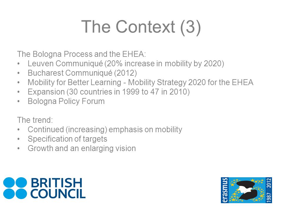 The Context (3) The Bologna Process and the EHEA: Leuven Communiqué (20% increase in mobility by 2020) Bucharest Communiqué (2012) Mobility for Better Learning - Mobility Strategy 2020 for the EHEA Expansion (30 countries in 1999 to 47 in 2010) Bologna Policy Forum The trend: Continued (increasing) emphasis on mobility Specification of targets Growth and an enlarging vision