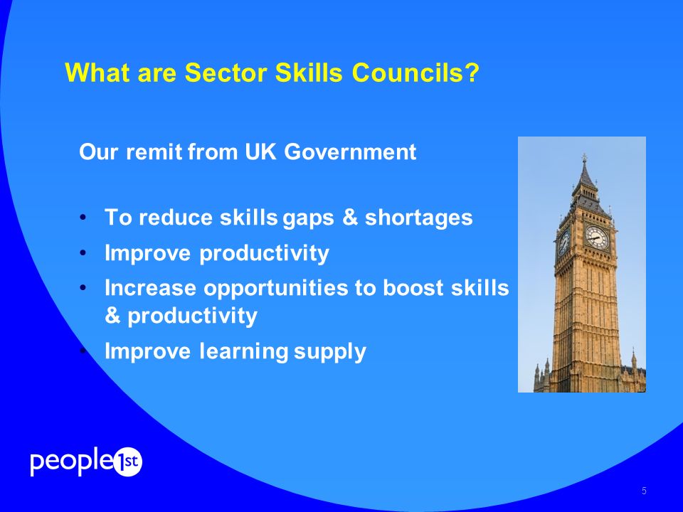 5 Our remit from UK Government To reduce skills gaps & shortages Improve productivity Increase opportunities to boost skills & productivity Improve learning supply What are Sector Skills Councils