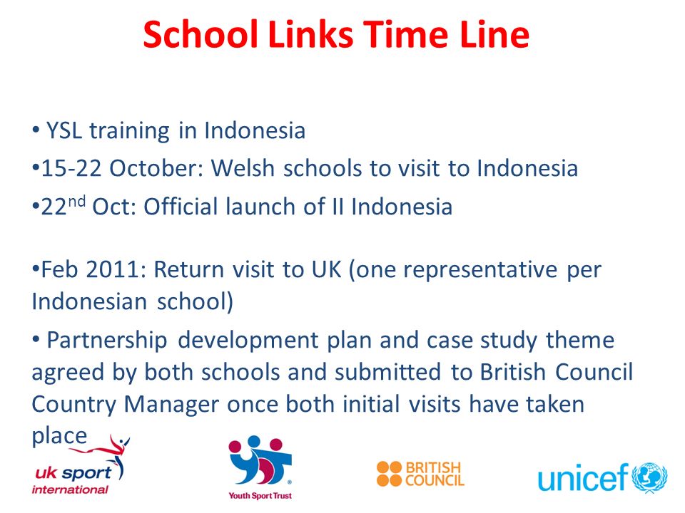 School Links Time Line YSL training in Indonesia October: Welsh schools to visit to Indonesia 22 nd Oct: Official launch of II Indonesia Feb 2011: Return visit to UK (one representative per Indonesian school) Partnership development plan and case study theme agreed by both schools and submitted to British Council Country Manager once both initial visits have taken place