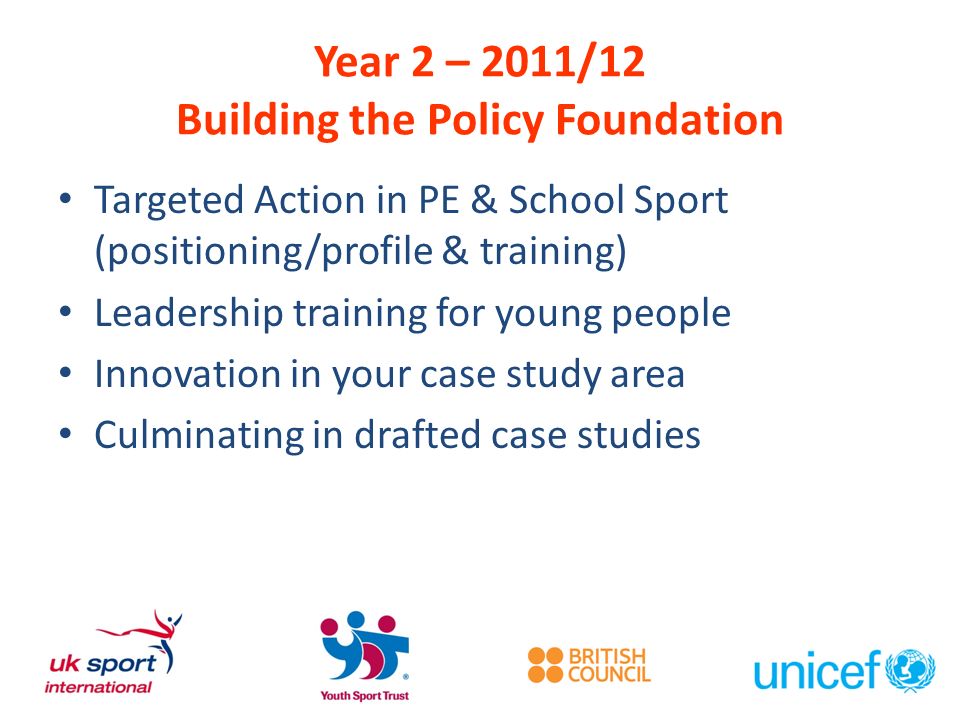 Year 2 – 2011/12 Building the Policy Foundation Targeted Action in PE & School Sport (positioning/profile & training) Leadership training for young people Innovation in your case study area Culminating in drafted case studies