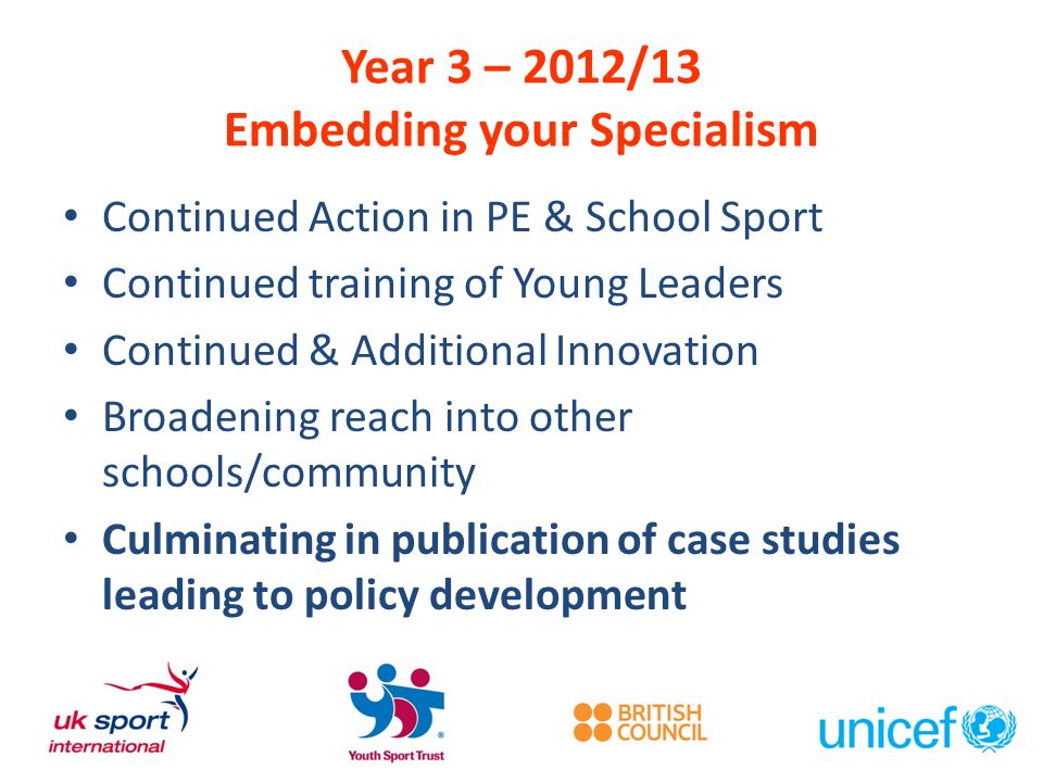 Year 3 – 2012/13 Embedding your Specialism Continued Action in PE & School Sport Continued training of Young Leaders Continued & Additional Innovation Broadening reach into other schools/community Culminating in publication of case studies leading to policy development