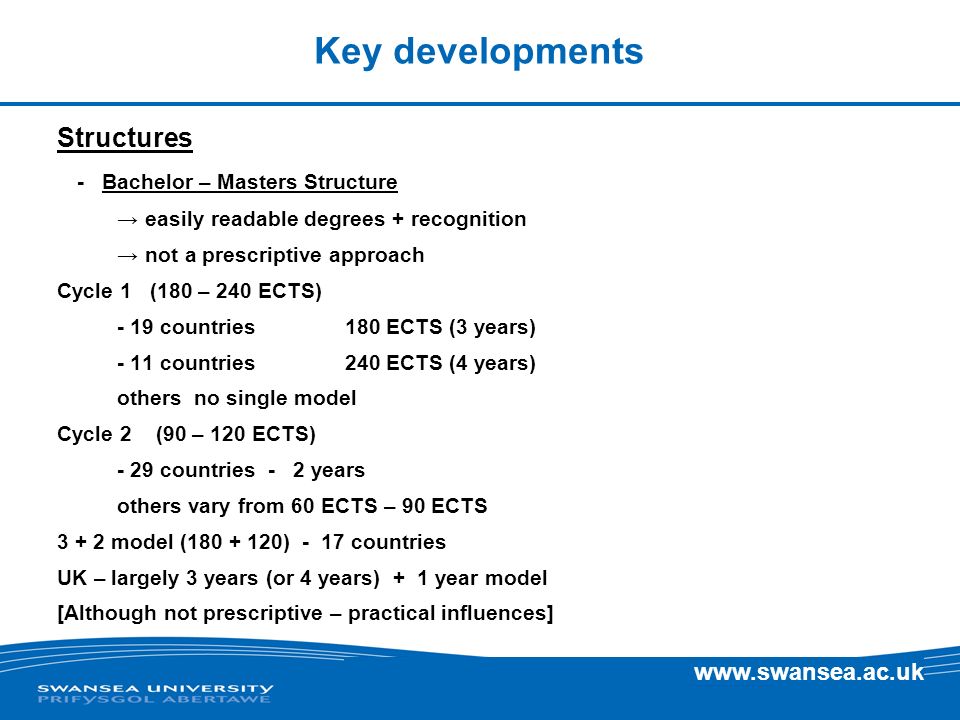 Key developments Structures - Bachelor – Masters Structure easily readable degrees + recognition not a prescriptive approach Cycle 1 (180 – 240 ECTS) - 19 countries180 ECTS (3 years) - 11 countries240 ECTS (4 years) others no single model Cycle 2 (90 – 120 ECTS) - 29 countries - 2 years others vary from 60 ECTS – 90 ECTS model ( ) - 17 countries UK – largely 3 years (or 4 years) + 1 year model [Although not prescriptive – practical influences]