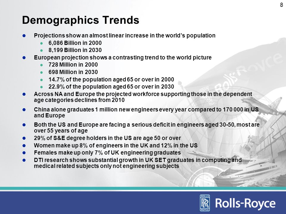 8 Demographics Trends Projections show an almost linear increase in the worlds population 6,086 Billion in ,199 Billion in 2030 European projection shows a contrasting trend to the world picture 728 Million in Million in % of the population aged 65 or over in % of the population aged 65 or over in 2030 Across NA and Europe the projected workforce supporting those in the dependent age categories declines from 2010 China alone graduates 1 million new engineers every year compared to in US and Europe Both the US and Europe are facing a serious deficit in engineers aged 30-50, most are over 55 years of age 29% of S&E degree holders in the US are age 50 or over Women make up 8% of engineers in the UK and 12% in the US Females make up only 7% of UK engineering graduates DTI research shows substantial growth in UK SET graduates in computing and medical related subjects only not engineering subjects