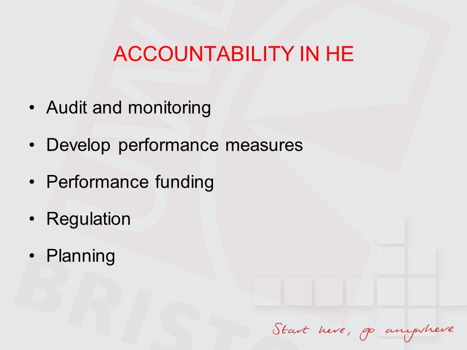 ACCOUNTABILITY IN HE Audit and monitoring Develop performance measures Performance funding Regulation Planning