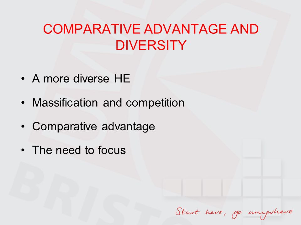 COMPARATIVE ADVANTAGE AND DIVERSITY A more diverse HE Massification and competition Comparative advantage The need to focus