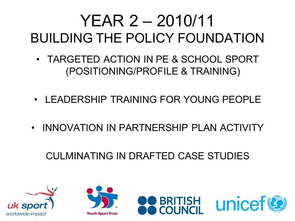YEAR 2 – 2010/11 BUILDING THE POLICY FOUNDATION TARGETED ACTION IN PE & SCHOOL SPORT (POSITIONING/PROFILE & TRAINING) LEADERSHIP TRAINING FOR YOUNG PEOPLE INNOVATION IN PARTNERSHIP PLAN ACTIVITY CULMINATING IN DRAFTED CASE STUDIES