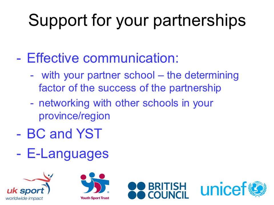 Support for your partnerships -Effective communication: - with your partner school – the determining factor of the success of the partnership -networking with other schools in your province/region -BC and YST -E-Languages