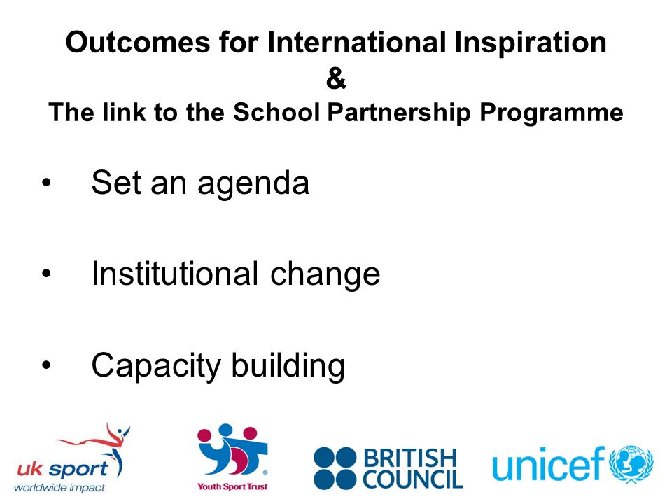 Outcomes for International Inspiration & The link to the School Partnership Programme Set an agenda Institutional change Capacity building