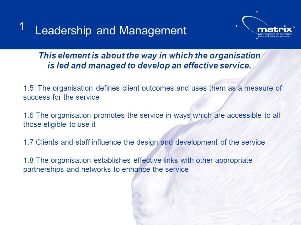 This element is about the way in which the organisation is led and managed to develop an effective service.