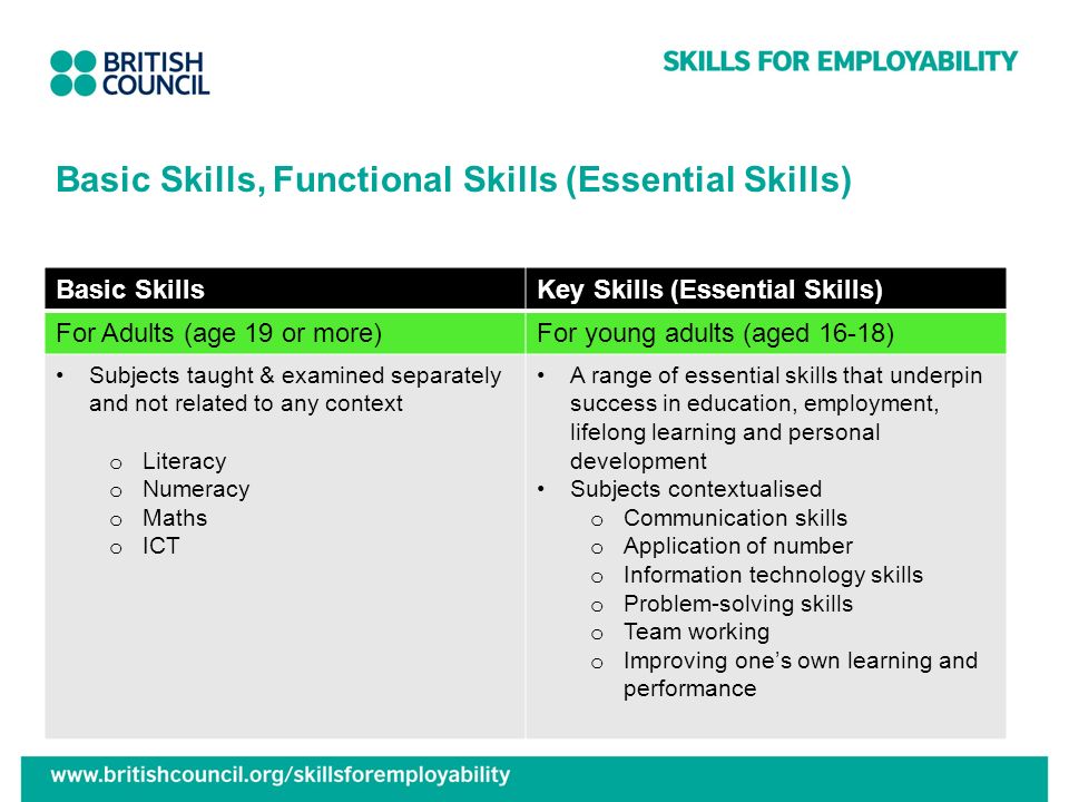 Basic Skills, Functional Skills (Essential Skills) Basic SkillsKey Skills (Essential Skills) For Adults (age 19 or more)For young adults (aged 16-18) Subjects taught & examined separately and not related to any context o Literacy o Numeracy o Maths o ICT A range of essential skills that underpin success in education, employment, lifelong learning and personal development Subjects contextualised o Communication skills o Application of number o Information technology skills o Problem-solving skills o Team working o Improving ones own learning and performance