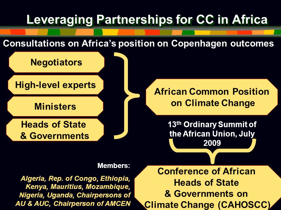 Leveraging Partnerships for CC in Africa Consultations on Africas position on Copenhagen outcomes Negotiators High-level experts Ministers Heads of State & Governments African Common Position on Climate Change 13 th Ordinary Summit of the African Union, July 2009 Conference of African Heads of State & Governments on Climate Change (CAHOSCC) Members: Algeria, Rep.