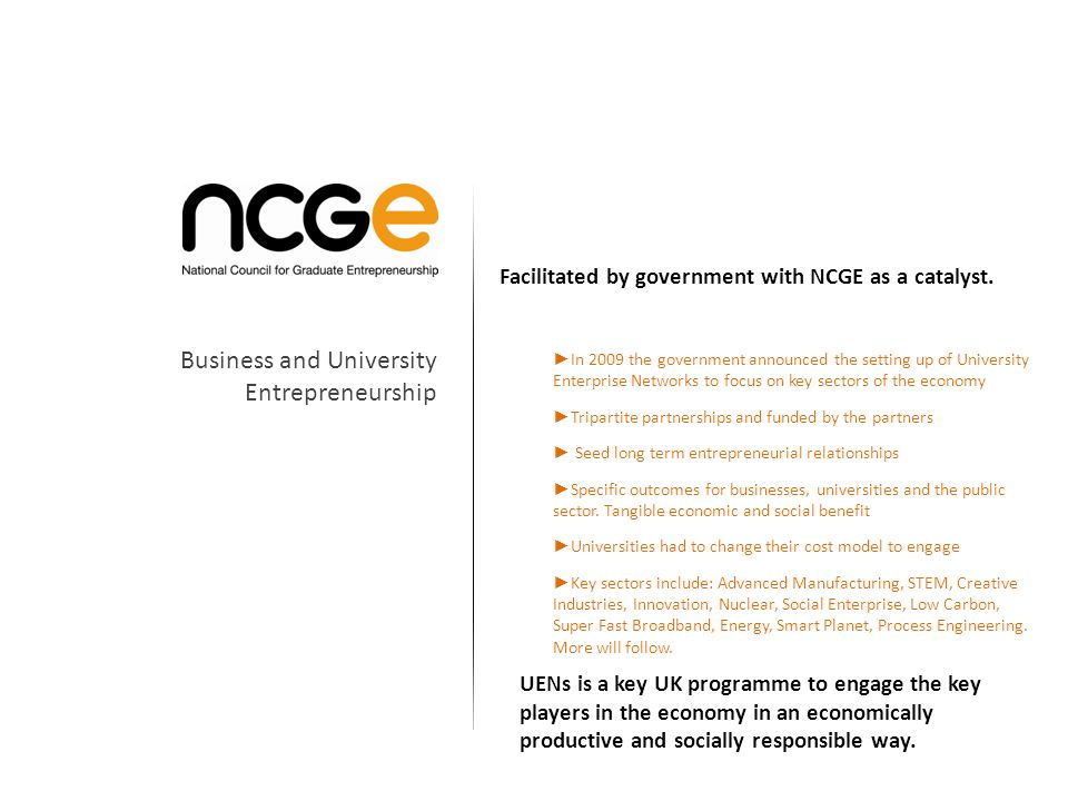 Facilitated by government with NCGE as a catalyst.