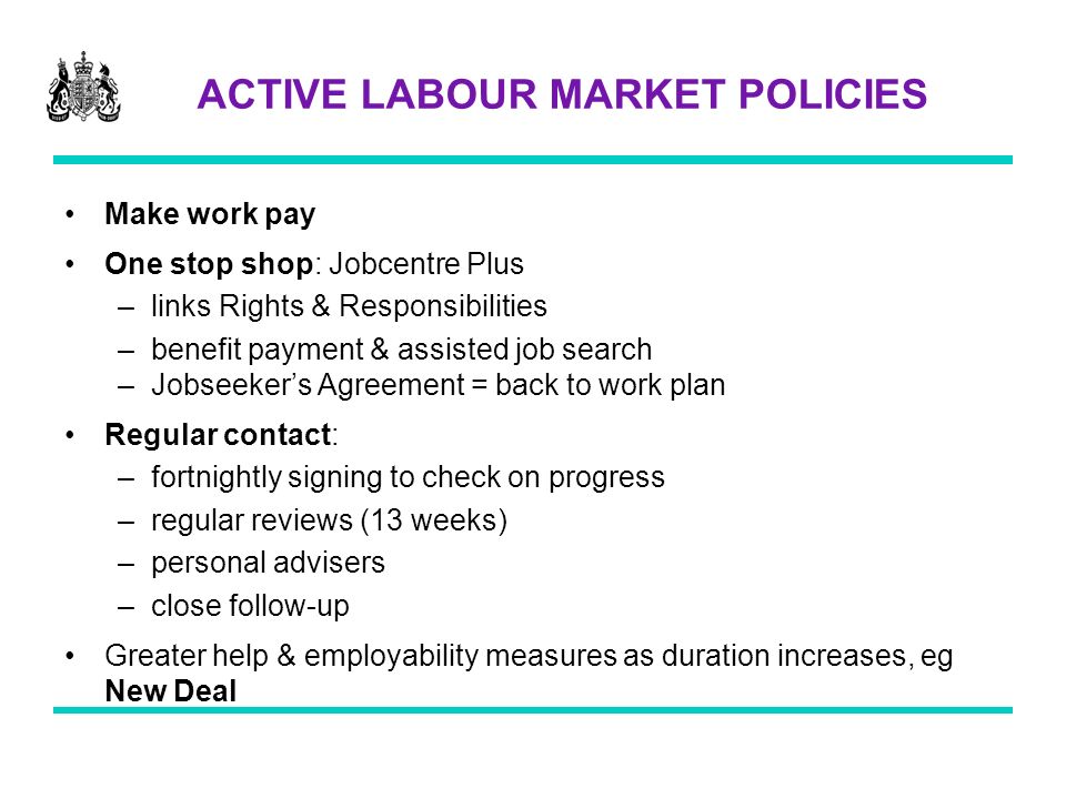 ACTIVE LABOUR MARKET POLICIES Make work pay One stop shop: Jobcentre Plus –links Rights & Responsibilities –benefit payment & assisted job search –Jobseekers Agreement = back to work plan Regular contact: –fortnightly signing to check on progress –regular reviews (13 weeks) –personal advisers –close follow-up Greater help & employability measures as duration increases, eg New Deal