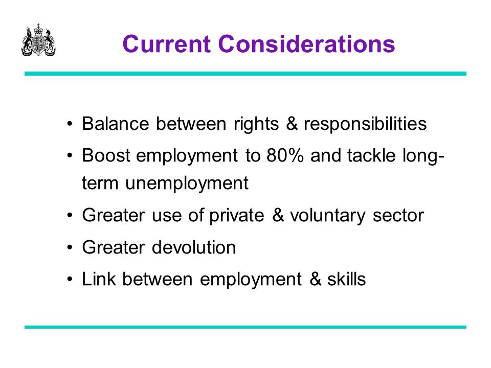 Current Considerations Balance between rights & responsibilities Boost employment to 80% and tackle long- term unemployment Greater use of private & voluntary sector Greater devolution Link between employment & skills
