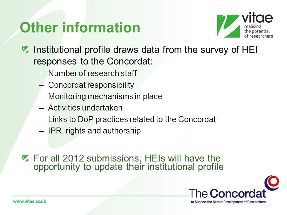 Other information Institutional profile draws data from the survey of HEI responses to the Concordat: –Number of research staff –Concordat responsibility –Monitoring mechanisms in place –Activities undertaken –Links to DoP practices related to the Concordat –IPR, rights and authorship For all 2012 submissions, HEIs will have the opportunity to update their institutional profile