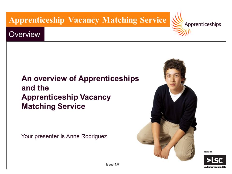Overview An overview of Apprenticeships and the Apprenticeship Vacancy Matching Service Your presenter is Anne Rodriguez Issue 1.0 Apprenticeship Vacancy Matching Service