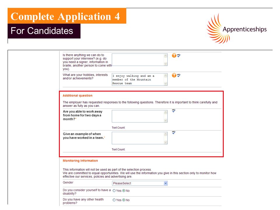 20 For Candidates Complete Application 4 Are you able to work away from home for two days a month * Give an example of when you have worked in a team.*