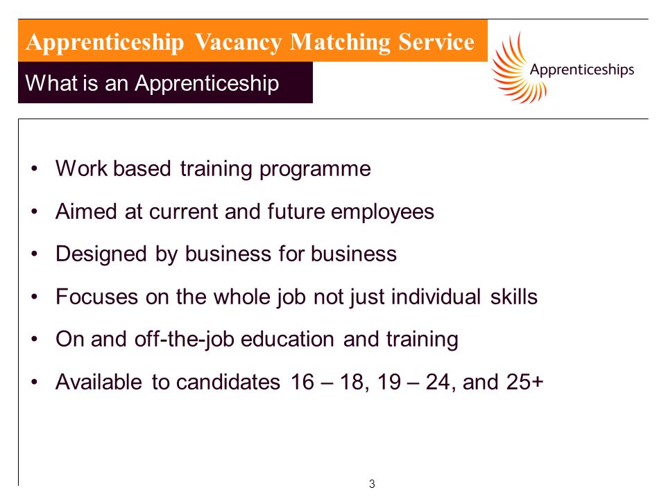 3 Work based training programme Aimed at current and future employees Designed by business for business Focuses on the whole job not just individual skills On and off-the-job education and training Available to candidates 16 – 18, 19 – 24, and 25+ Apprenticeship Vacancy Matching Service What is an Apprenticeship