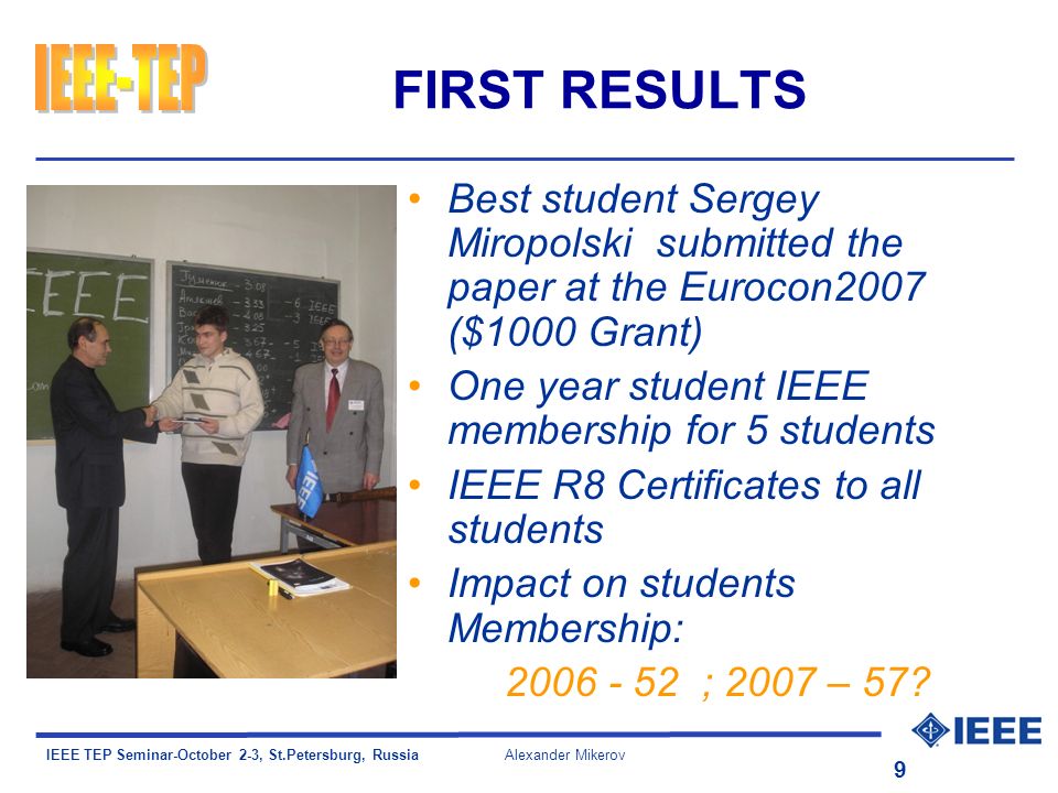 IEEE TEP Seminar-October 2-3, St.Petersburg, Russia Alexander Mikerov 9 FIRST RESULTS Best student Sergey Miropolski submitted the paper at the Eurocon2007 ($1000 Grant) One year student IEEE membership for 5 students IEEE R8 Certificates to all students Impact on students Membership: ; 2007 – 57