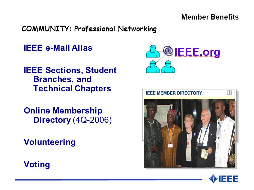 IEEE  Alias IEEE Sections, Student Branches, and Technical Chapters Online Membership Directory (4Q-2006) Volunteering Voting COMMUNITY: Professional Networking Member Benefits