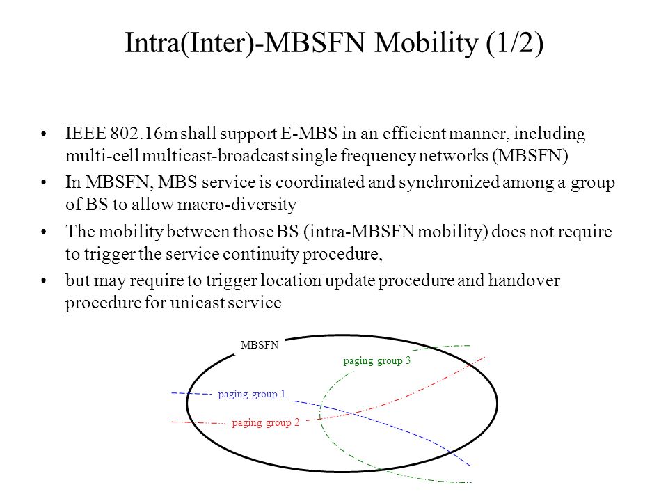IEEE m shall support E-MBS in an efficient manner, including multi-cell multicast-broadcast single frequency networks (MBSFN) In MBSFN, MBS service is coordinated and synchronized among a group of BS to allow macro-diversity The mobility between those BS (intra-MBSFN mobility) does not require to trigger the service continuity procedure, but may require to trigger location update procedure and handover procedure for unicast service Intra(Inter)-MBSFN Mobility (1/2) paging group 1 paging group 2 paging group 3 MBSFN