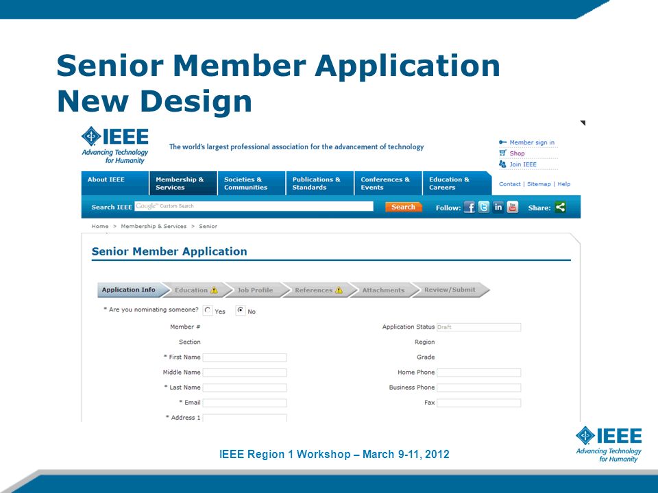 IEEE Region 1 Workshop – March 9-11, 2012 Senior Member Application New Design
