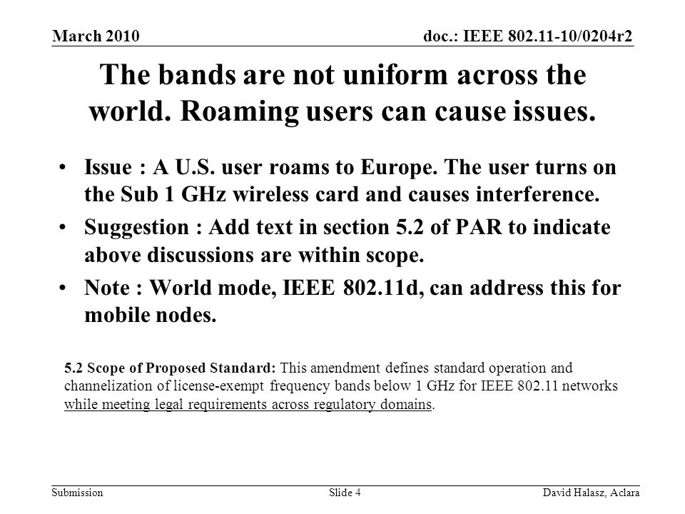 doc.: IEEE /0204r2 Submission The bands are not uniform across the world.