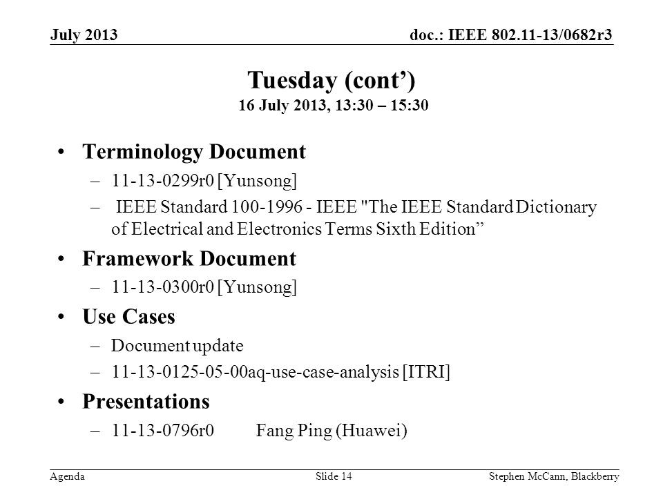 doc.: IEEE /0682r3 Agenda July 2013 Stephen McCann, BlackberrySlide 14 Terminology Document – r0 [Yunsong] – IEEE Standard IEEE The IEEE Standard Dictionary of Electrical and Electronics Terms Sixth Edition Framework Document – r0 [Yunsong] Use Cases –Document update – aq-use-case-analysis [ITRI] Presentations – r0Fang Ping (Huawei) Tuesday (cont) 16 July 2013, 13:30 – 15:30