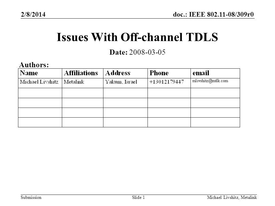 doc.: IEEE /309r0 Submission 2/8/2014 Michael Livshitz, MetalinkSlide 1 Issues With Off-channel TDLS Date: Authors: