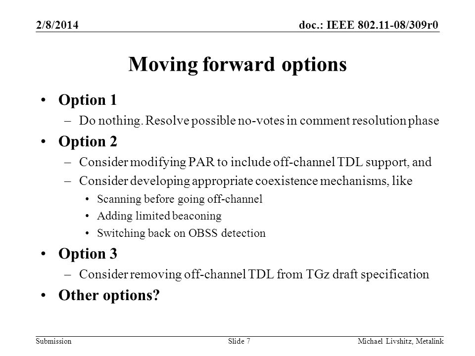 doc.: IEEE /309r0 Submission Moving forward options Option 1 –Do nothing.