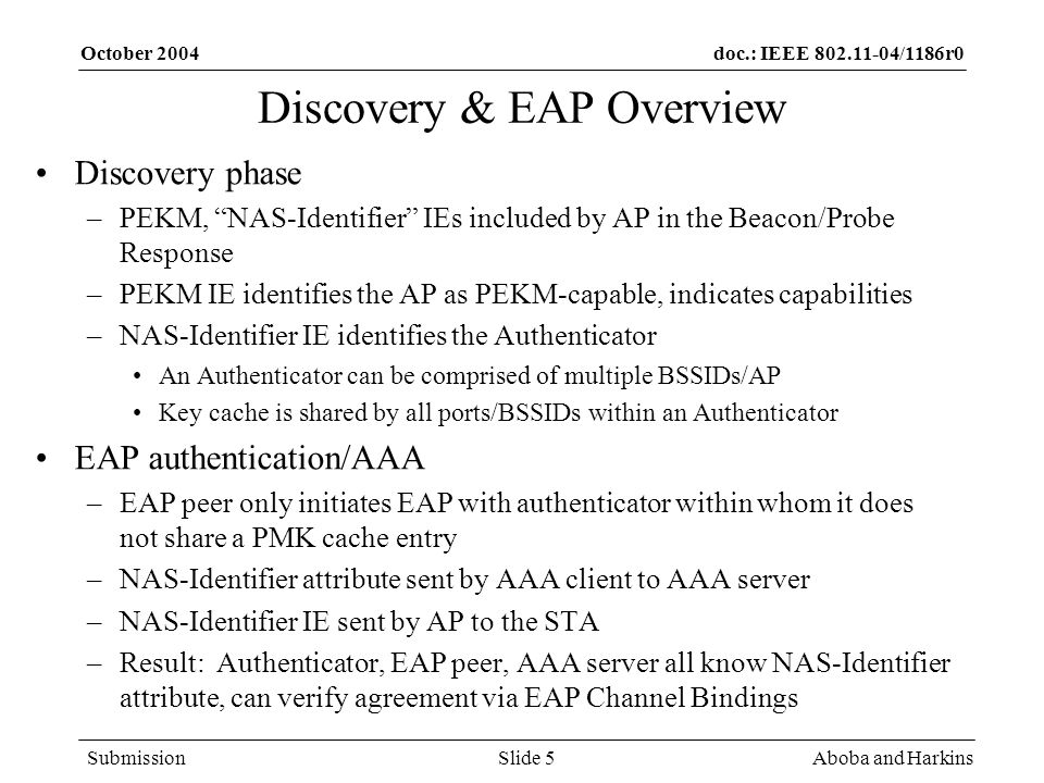 doc.: IEEE /1186r0 Submission October 2004 Aboba and HarkinsSlide 5 Discovery & EAP Overview Discovery phase –PEKM, NAS-Identifier IEs included by AP in the Beacon/Probe Response –PEKM IE identifies the AP as PEKM-capable, indicates capabilities –NAS-Identifier IE identifies the Authenticator An Authenticator can be comprised of multiple BSSIDs/AP Key cache is shared by all ports/BSSIDs within an Authenticator EAP authentication/AAA –EAP peer only initiates EAP with authenticator within whom it does not share a PMK cache entry –NAS-Identifier attribute sent by AAA client to AAA server –NAS-Identifier IE sent by AP to the STA –Result: Authenticator, EAP peer, AAA server all know NAS-Identifier attribute, can verify agreement via EAP Channel Bindings