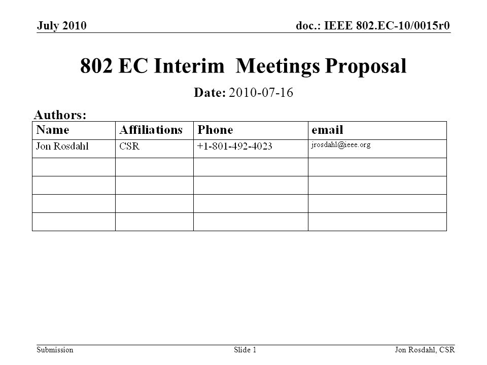 doc.: IEEE 802.EC-10/0015r0 Submission July 2010 Jon Rosdahl, CSRSlide EC Interim Meetings Proposal Date: Authors:
