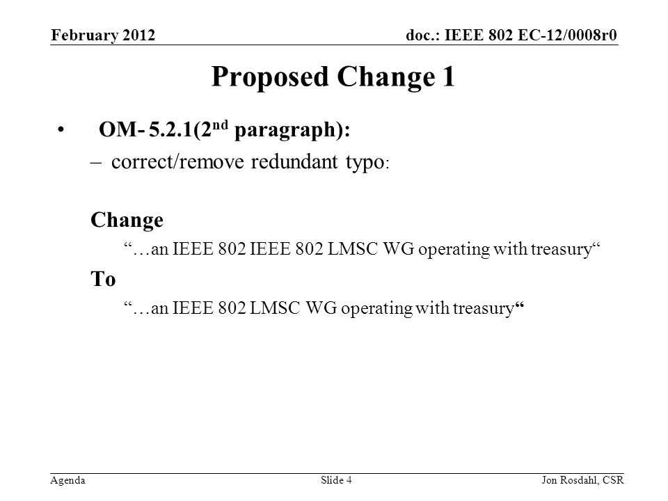 doc.: IEEE 802 EC-12/0008r0 Agenda February 2012 Jon Rosdahl, CSRSlide 4 Proposed Change 1 OM (2 nd paragraph): –correct/remove redundant typo : Change …an IEEE 802 IEEE 802 LMSC WG operating with treasury To …an IEEE 802 LMSC WG operating with treasury