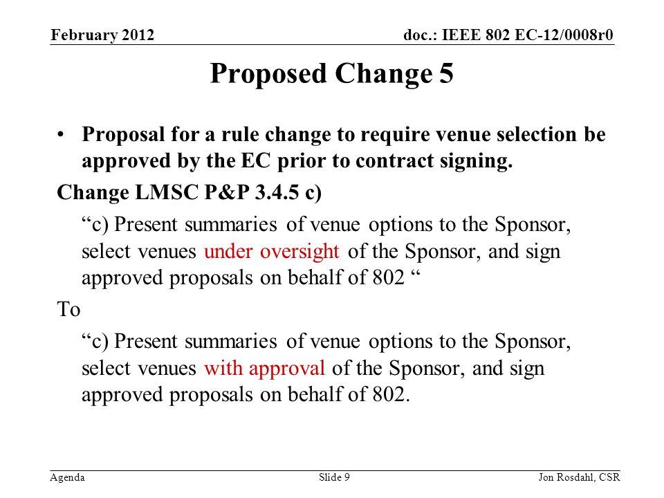 doc.: IEEE 802 EC-12/0008r0 Agenda February 2012 Jon Rosdahl, CSRSlide 9 Proposed Change 5 Proposal for a rule change to require venue selection be approved by the EC prior to contract signing.