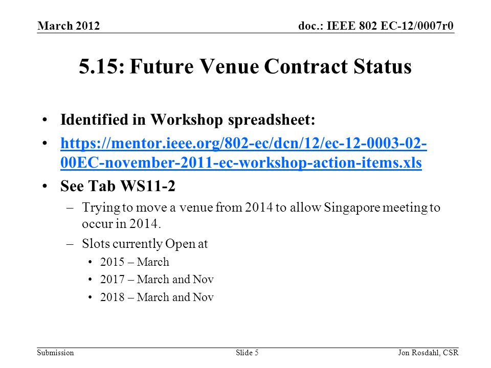 doc.: IEEE 802 EC-12/0007r0 Submission March 2012 Jon Rosdahl, CSRSlide : Future Venue Contract Status Identified in Workshop spreadsheet:   00EC-november-2011-ec-workshop-action-items.xlshttps://mentor.ieee.org/802-ec/dcn/12/ec EC-november-2011-ec-workshop-action-items.xls See Tab WS11-2 –Trying to move a venue from 2014 to allow Singapore meeting to occur in 2014.