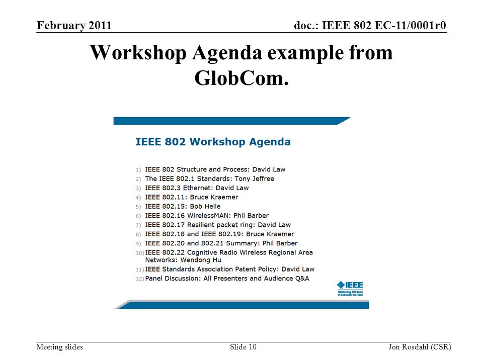 doc.: IEEE 802 EC-11/0001r0 Meeting slides February 2011 Jon Rosdahl (CSR)Slide 10 Workshop Agenda example from GlobCom.