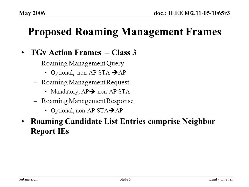 doc.: IEEE /1065r3 Submission May 2006 Emily Qi et alSlide 5 Proposed Roaming Management Frames TGv Action Frames – Class 3 –Roaming Management Query Optional, non-AP STA AP –Roaming Management Request Mandatory, AP non-AP STA –Roaming Management Response Optional, non-AP STA AP Roaming Candidate List Entries comprise Neighbor Report IEs